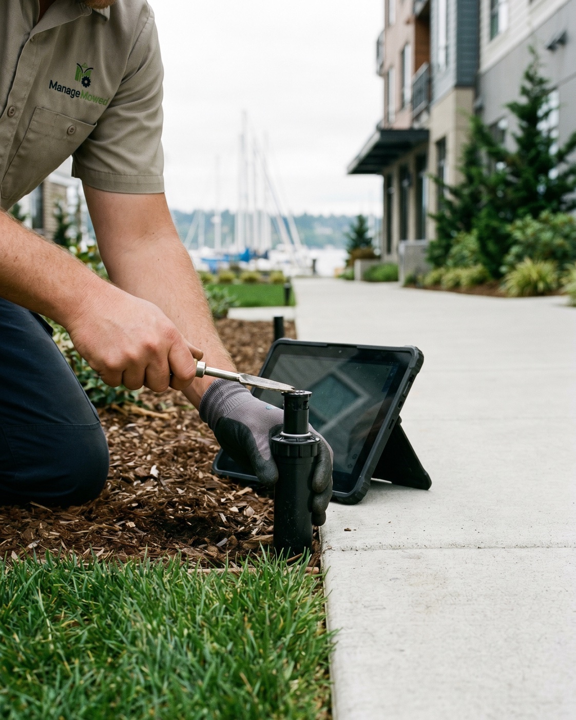 ManageMowed account manager inspecting an irrigation head in a commercial planting bed with Shilshole Bay Marina masts soft in the background