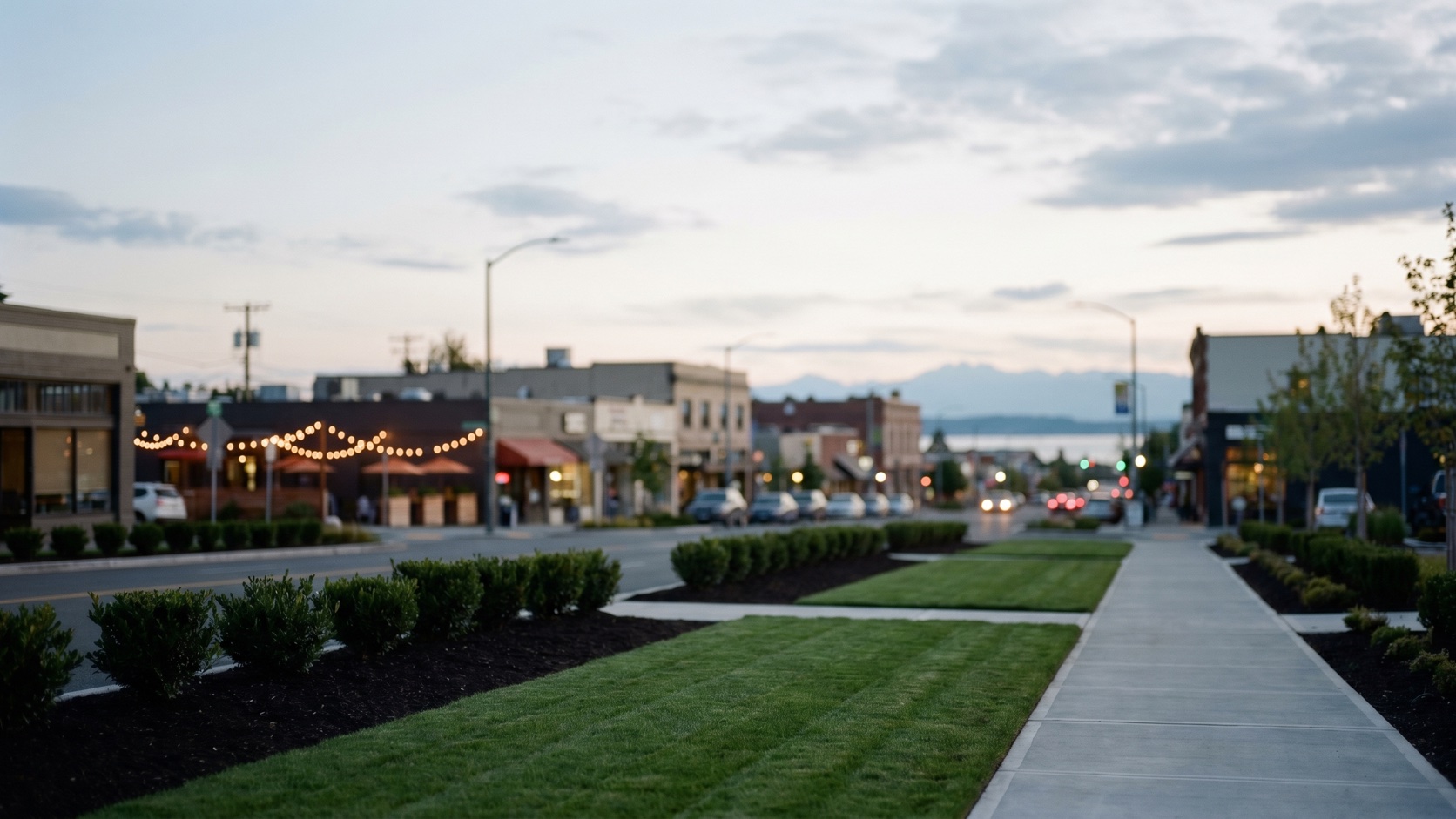Elevated dusk view over the Market Street commercial corridor in Ballard with Puget Sound and the Olympic Mountains in the distance