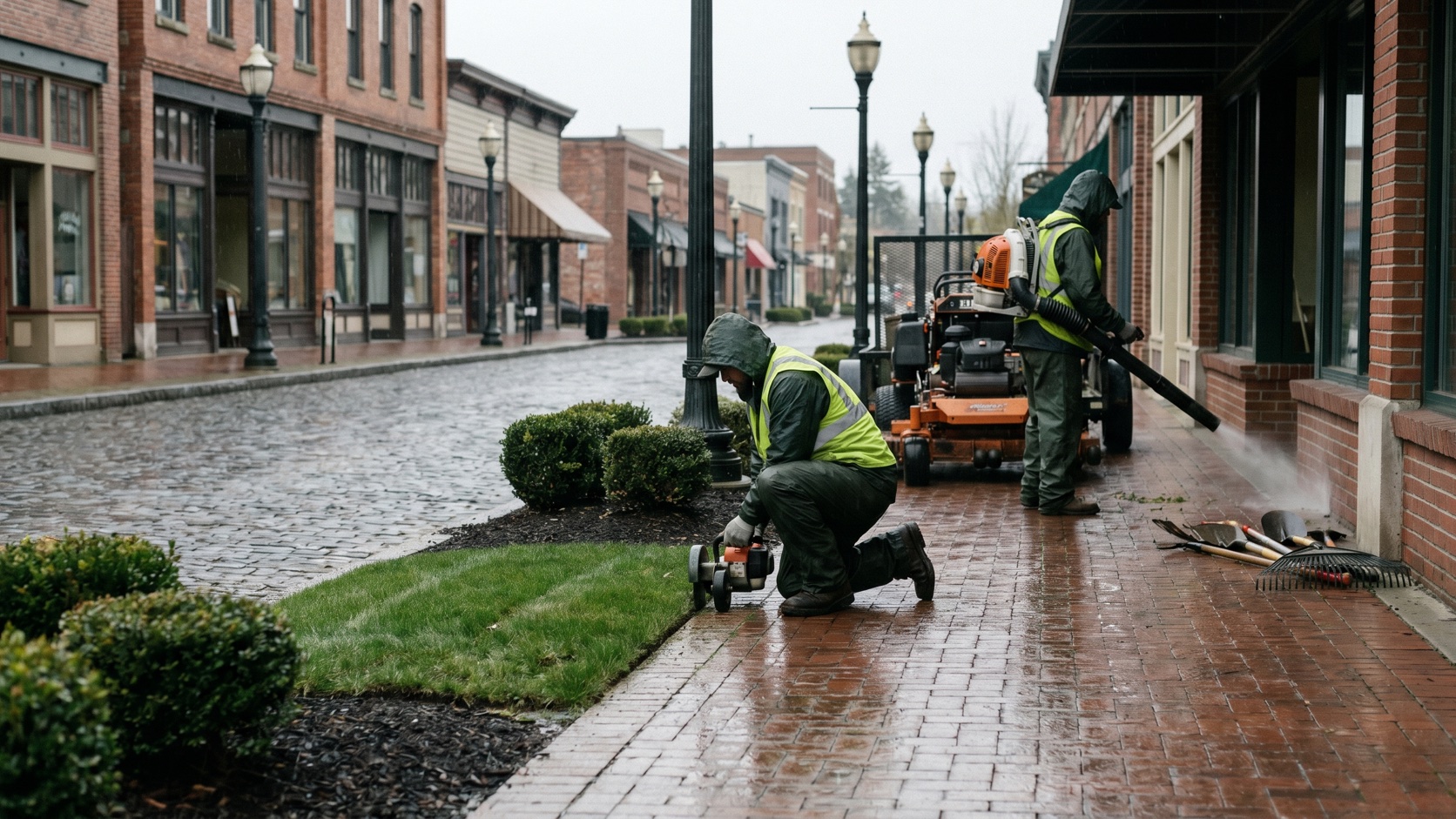 ManageMowed crew edging and blowing walkways at a brick commercial building near the Ballard Avenue historic district in light rain